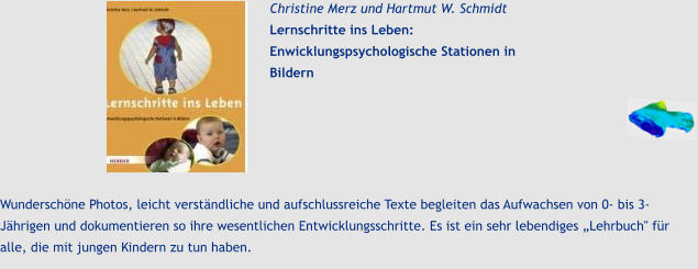 Christine Merz und Hartmut W. Schmidt Lernschritte ins Leben: Enwicklungspsychologische Stationen in Bildern Wunderschöne Photos, leicht verständliche und aufschlussreiche Texte begleiten das Aufwachsen von 0- bis 3-Jährigen und dokumentieren so ihre wesentlichen Entwicklungsschritte. Es ist ein sehr lebendiges „Lehrbuch" für alle, die mit jungen Kindern zu tun haben.